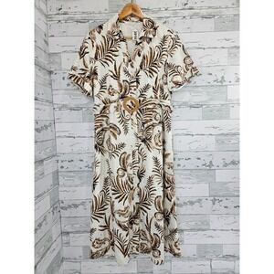 Noeline Paris Women White Brown Tropical Palm Eyelet Belted Midi Shirt Dress M/L